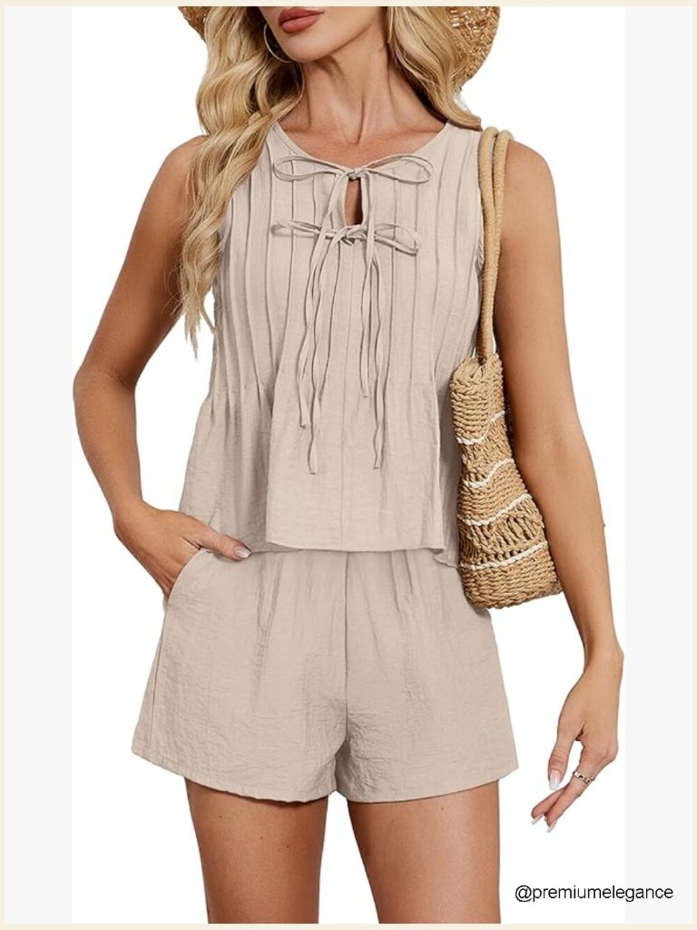 Women's Linen Two Piece Set Pleated Shorts Outfit Vacation Beach Resort